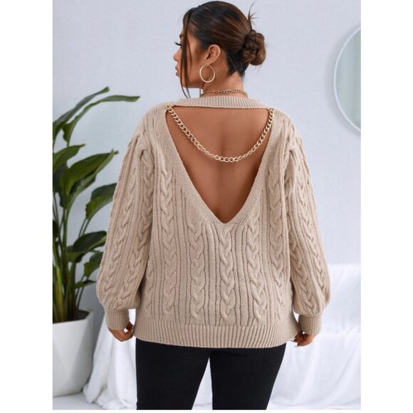 SHEIN Sweaters - NWOT Cable Knit Chain Backless Drop Shoulder Sweater in Khaki Size XL